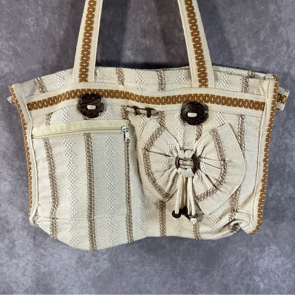 Vintage‎ Shoulder Bag Cream Pastel Earth Tone Tote Handbag Purse Bow Wood Button